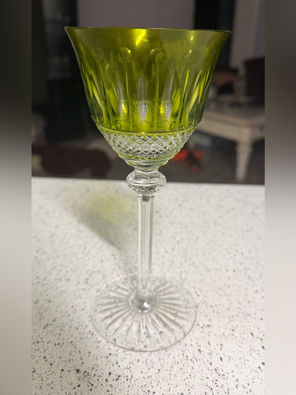 Vintage Saint/St. Louis Crystal "Tommy" green Cut To Clear 7 3/4"Wine Damage